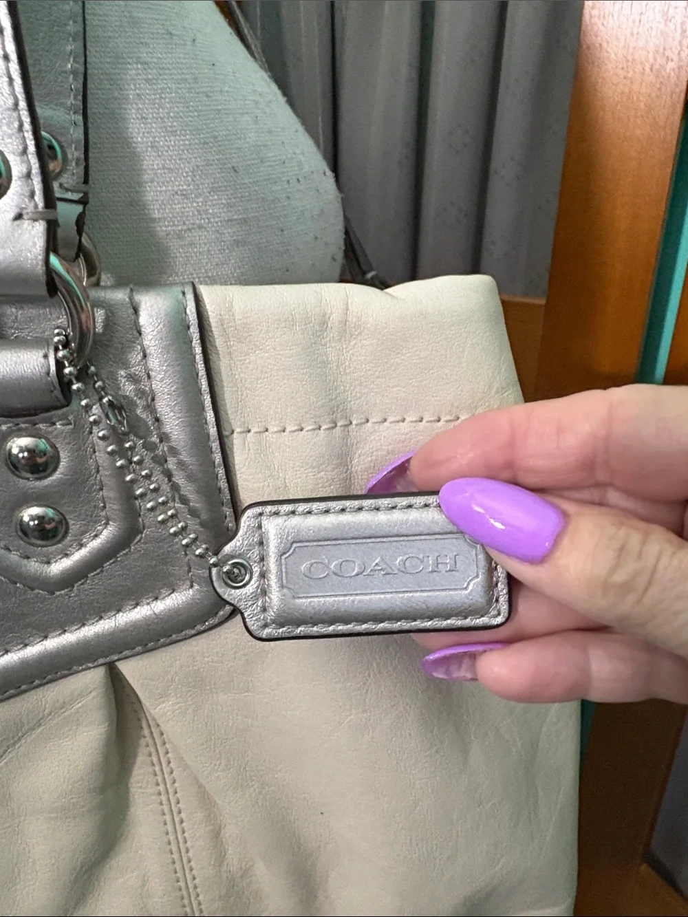 Coach Ivory Leather Tote with Silver Accents